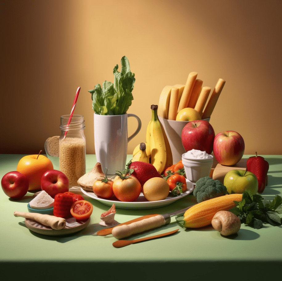 Imagen creada con IA. Una mesa llena de alumentos saludables